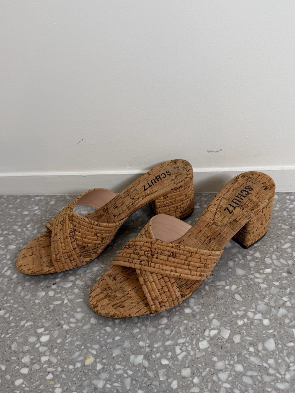 SCHUTZ Cork-Tone Crisscross Slide Heels